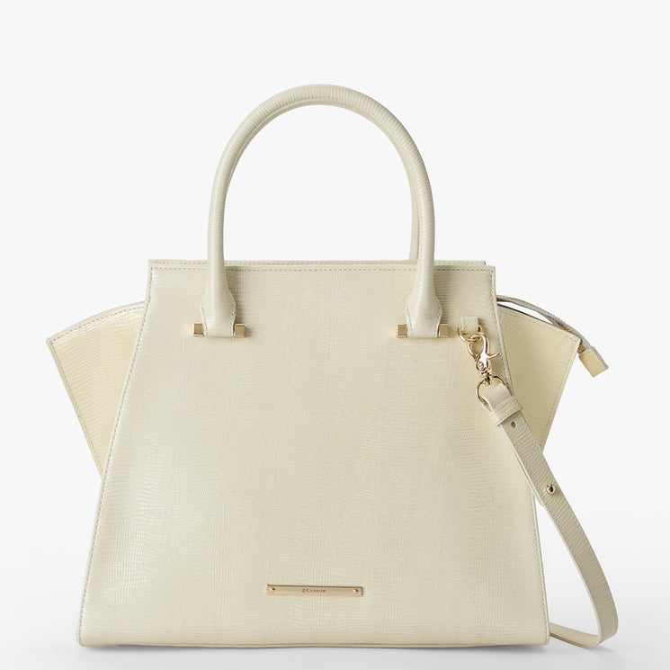 Ivory All Over Lizard Priscilla Satchel Front View With Strap