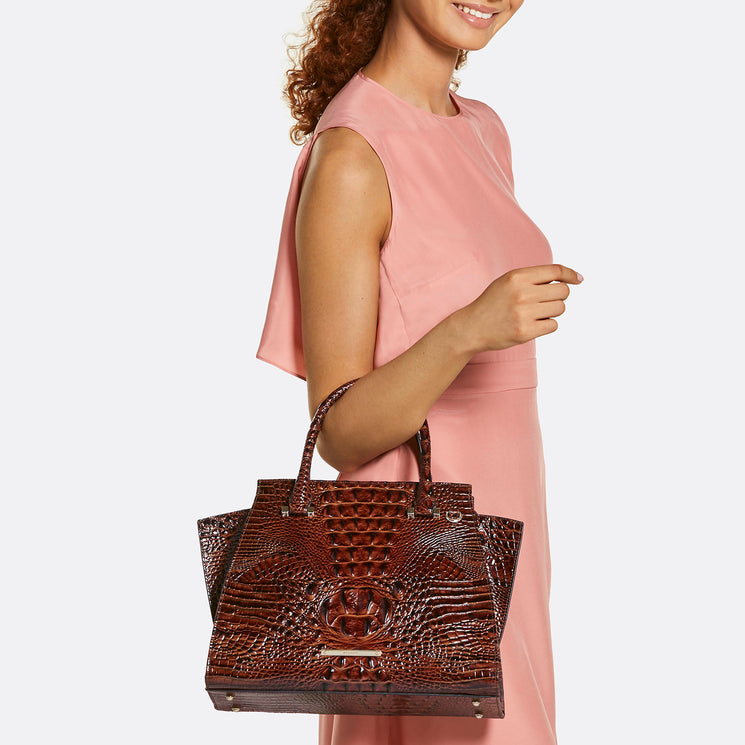 Pecan Melbourne Priscilla Satchel Being Worn On the Arm
