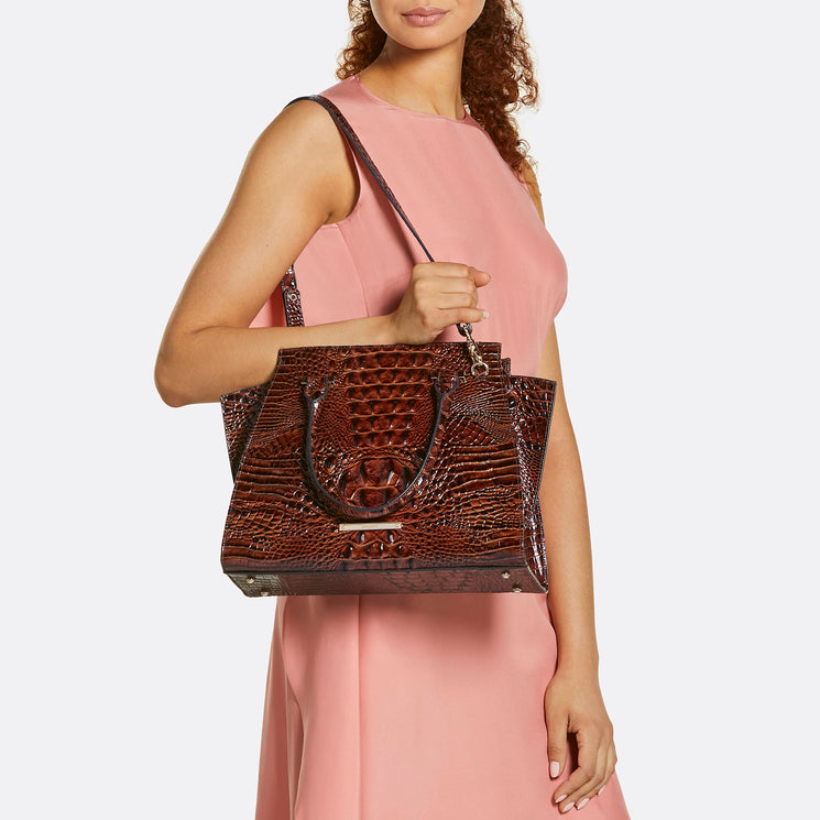 Pecan Melbourne Priscilla Satchel Being Worn Over the Shoulder

