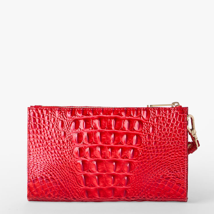Brahmin red embossed clutch purse with a glossy textured finish, gold-tone zipper and clasp hardware, rectangular silhouette, shown on a white background. No strap or interior details visible.