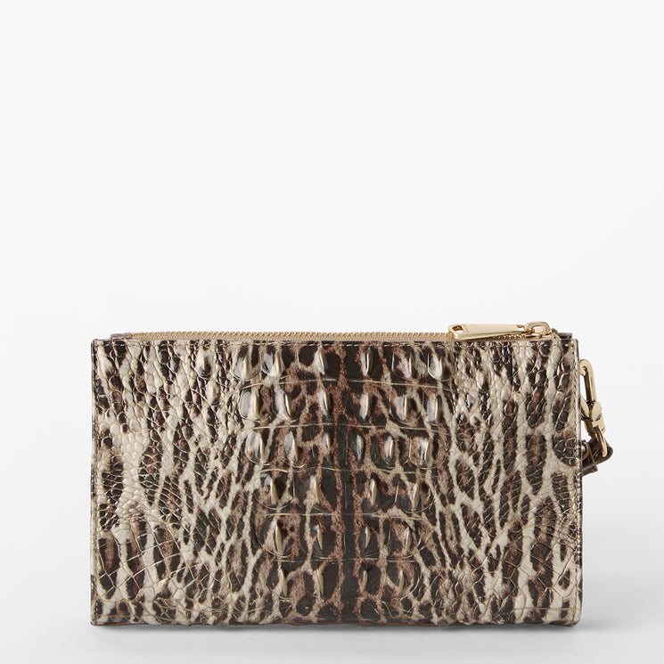 Leopard print clutch bag with gold accents on a white background. Daisy back view.