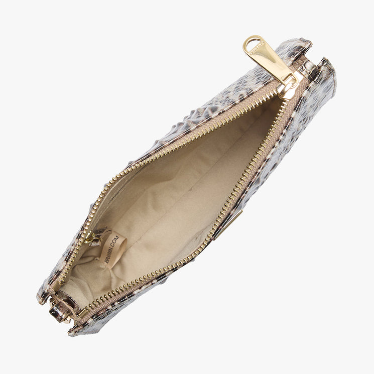 Leopard print clutch bag with gold accents on a white background. Daisy open top view.