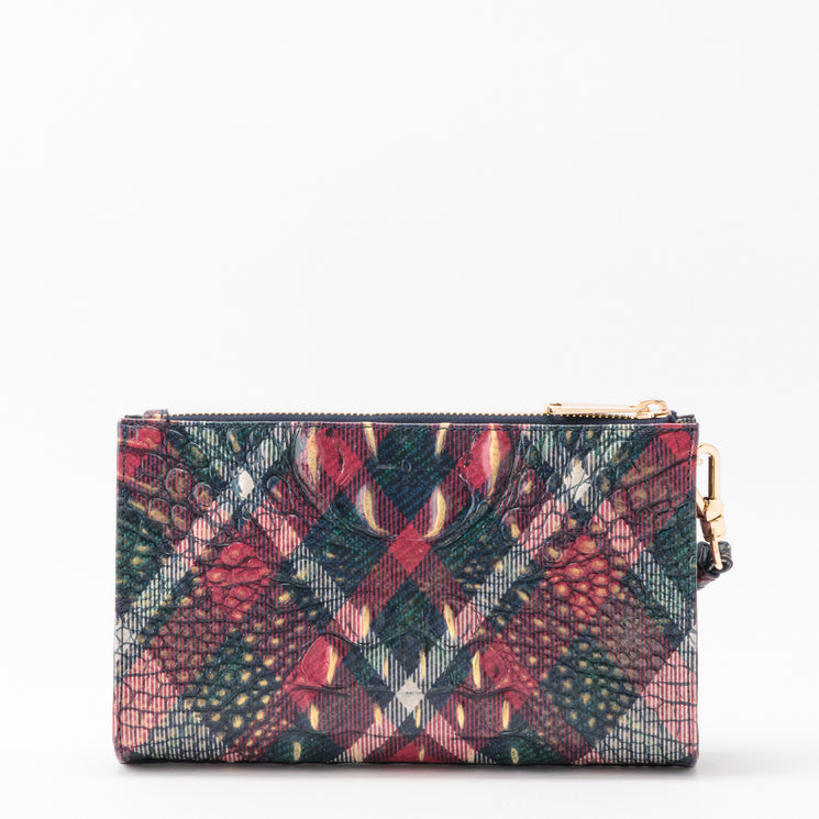 Brahmin Daisy rectangular wristlet in a multi-colored tartan pattern with an embossed texture and gold-tone hardware.