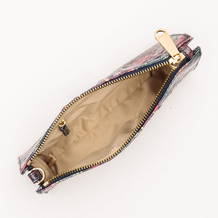 BRAHMIN Daisy rectangular wristlet in a multi-colored embossed plaid pattern, featuring a gold-tone top zipper and a tan fabric-lined interior.