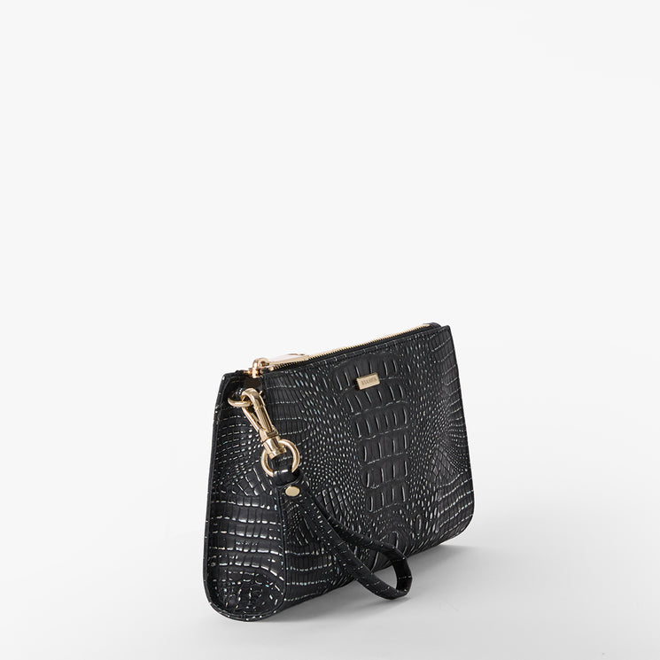 Brahmin black textured wristlet clutch with gold zipper and hardware, featuring a wrist strap attached at one side. The structured silhouette is displayed on a white background; interior not visible.