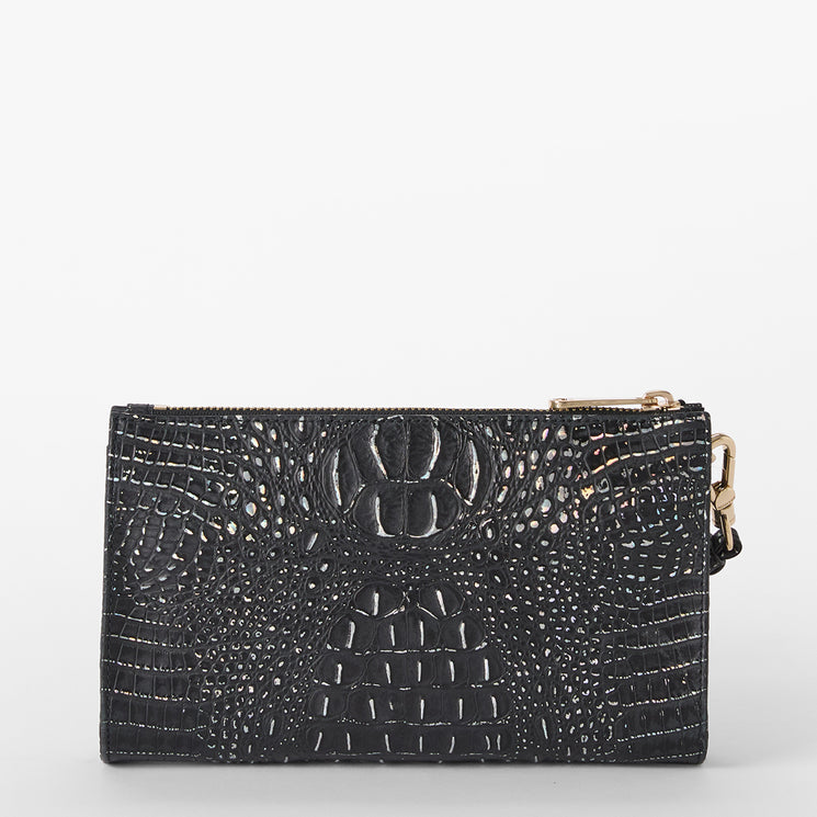 Brahmin black rectangular clutch purse with embossed texture, gold zipper closure, and small gold hardware detail. Set against a plain white background. No strap visible; front view highlights silhouette and pattern.