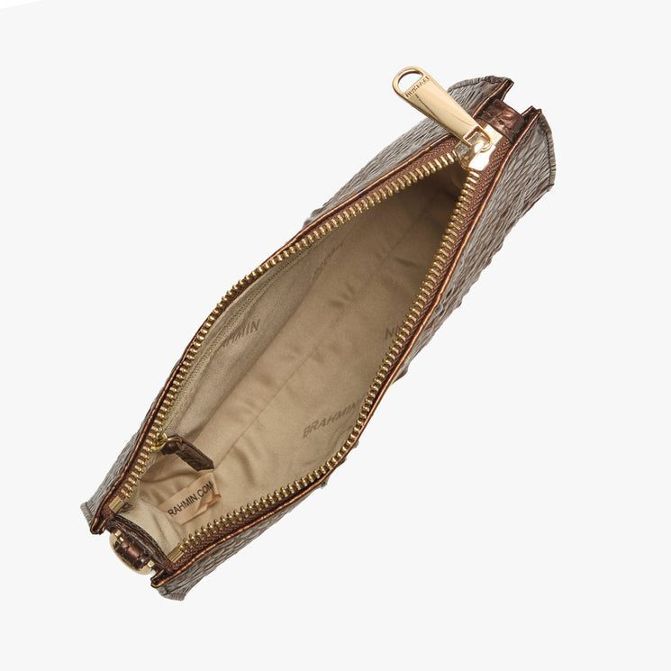 Brahmin small brown textured zippered pouch with gold-tone hardware, shown open to display beige fabric-lined interior and BRAHMIN branding. Compact rectangular silhouette, ideal for essentials.