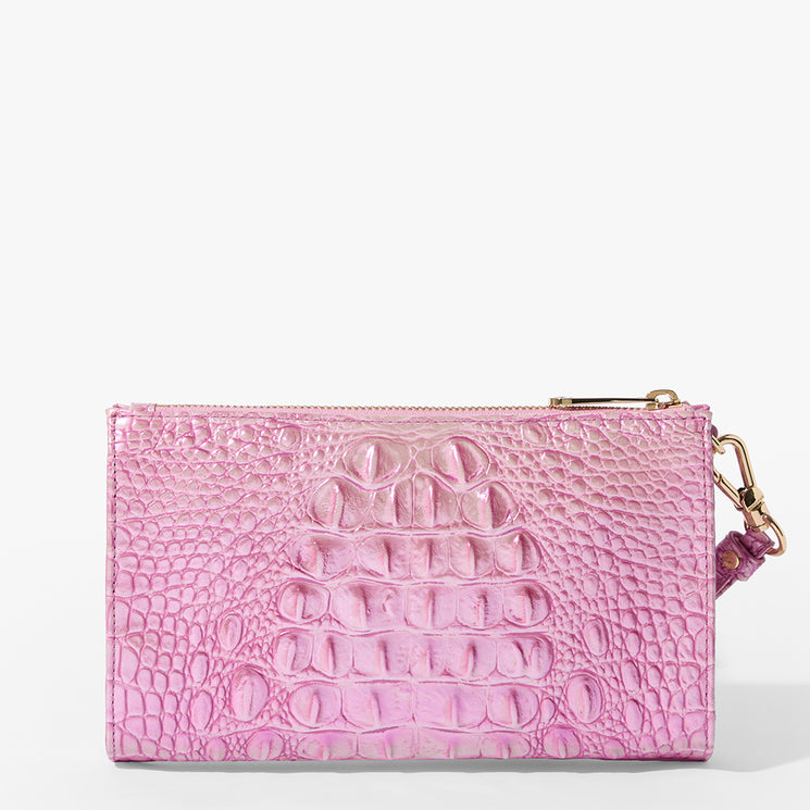 Brahmin pink wristlet pouch with embossed texture, zip closure, and gold-tone clasp. Features detachable wrist strap. Displayed on white background with view of exterior details and structured silhouette.