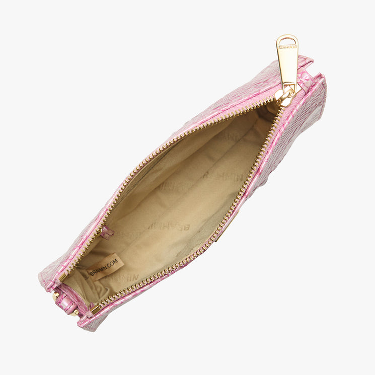 Brahmin pink textured zippered pouch with gold-tone zipper pull, beige fabric lining, shown from above with zipper partially open to display spacious interior and small inner label.