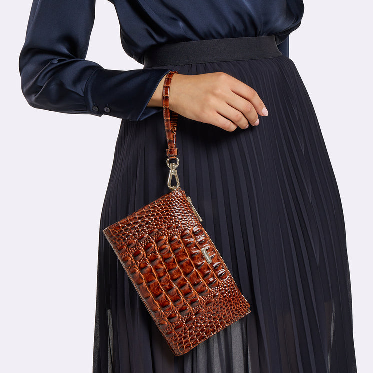 Pecan Melbourne Daisy Wristlet Being Held on wrist