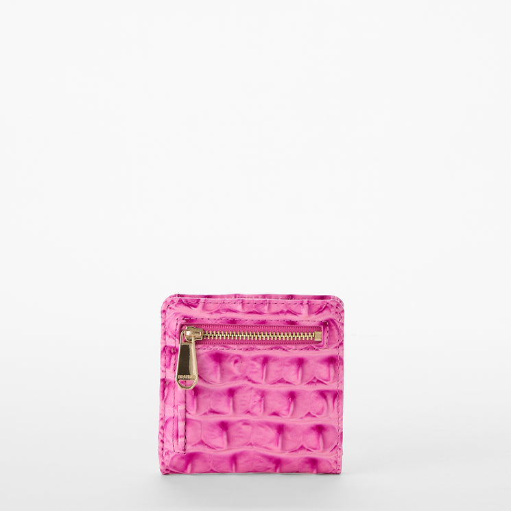 Pink textured Jane wallet with a gold zipper on a white background back view