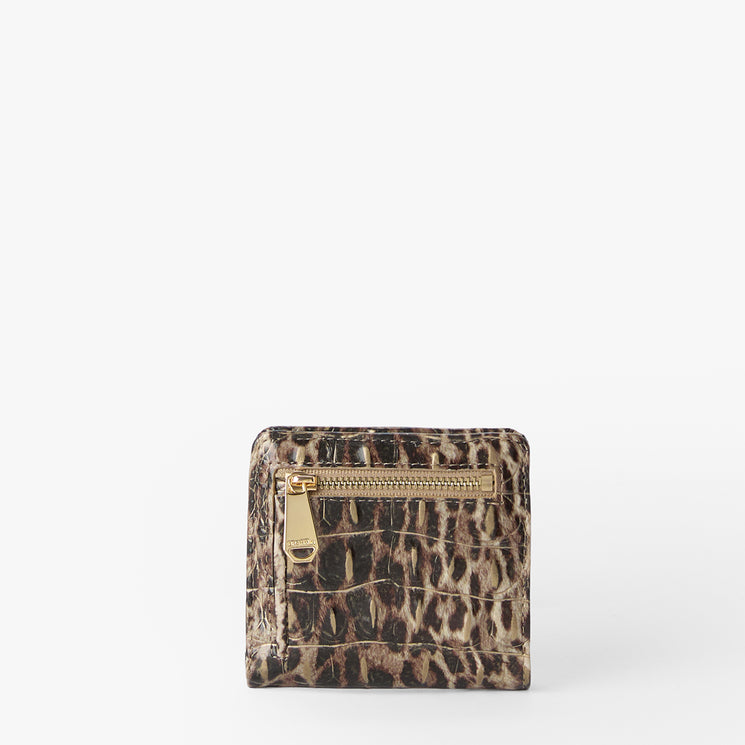 Leopard print wallet with gold accents on a white background. Jane back view.
