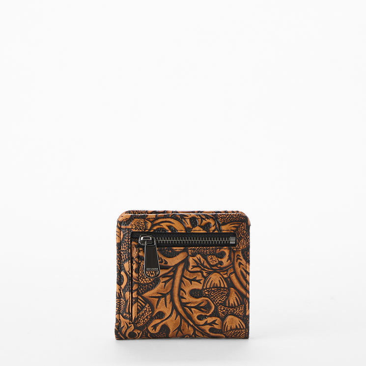 Brown leather wallet with intricate pattern on a white background. Jane wallet back view.