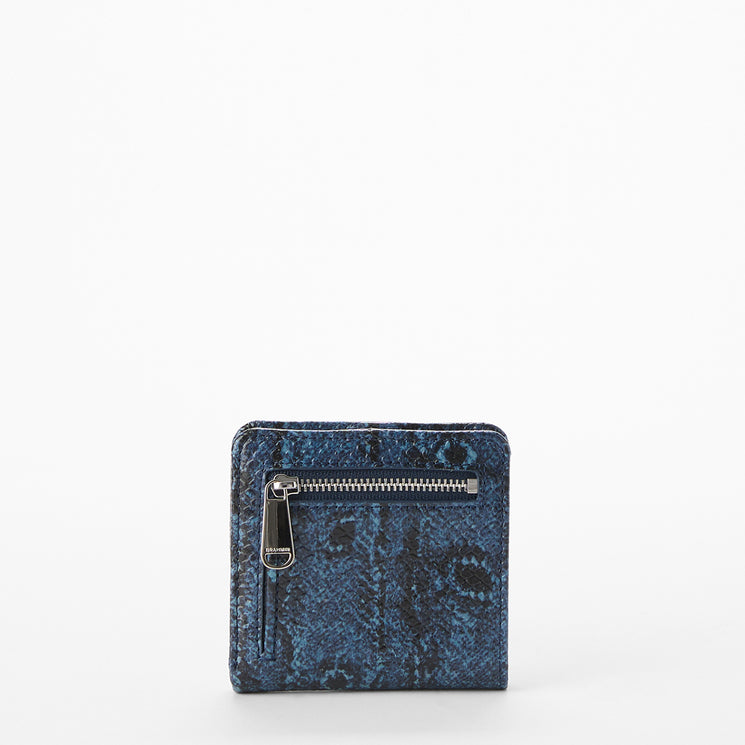 Blue snake print wallet on a white background. Jane back view.