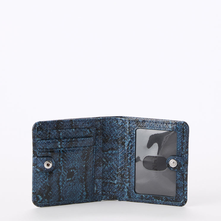 Blue snake print wallet on a white background. Jane open view.