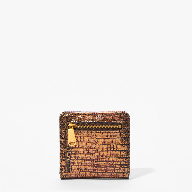 A small brown textured leather zippered card holder with a gold-tone zipper pull, photographed on a clean white background.