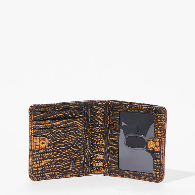 An open bi-fold wallet with a textured brown and black crocodile pattern, featuring a clear ID window with a black insert and gold-tone snap buttons.