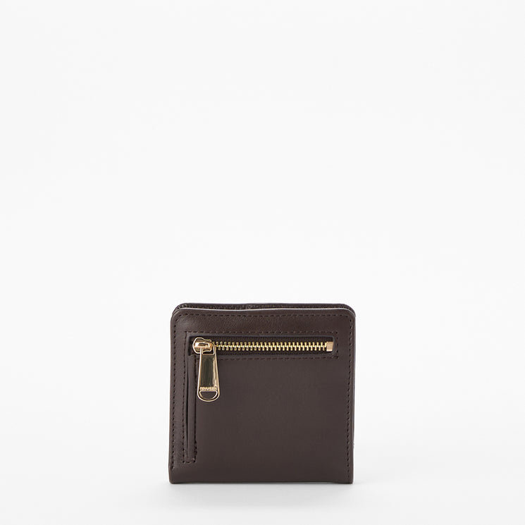 A dark brown leather bi-fold wallet with a horizontal gold-tone zipper pocket on the front, shown against a plain white background.