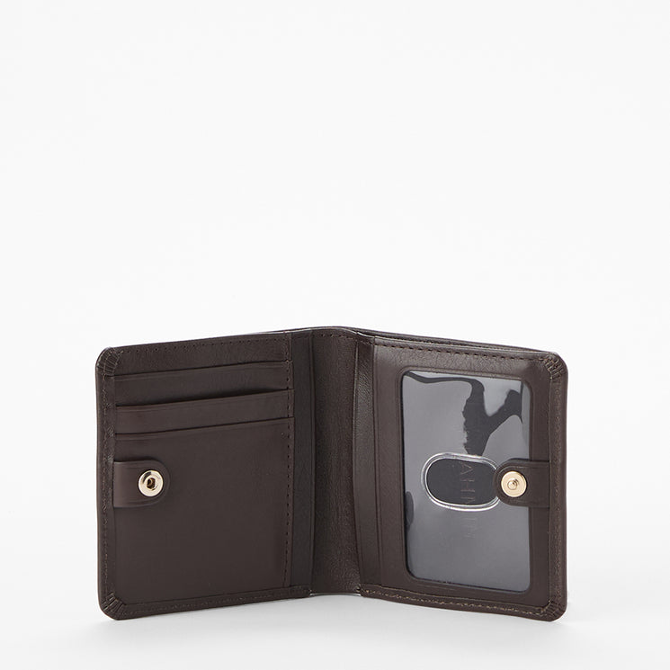 A dark brown leather bi-fold wallet shown open, featuring card slots on the left and a clear ID window with a snap closure on the right.