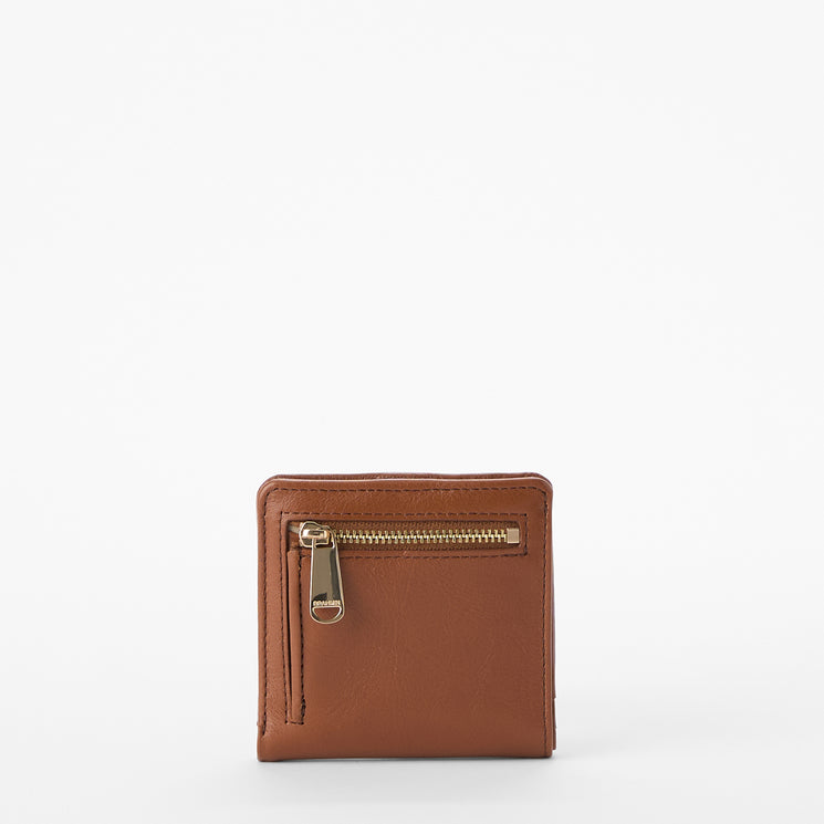 A small brown leather wallet with a gold-tone zipper on a plain white background.