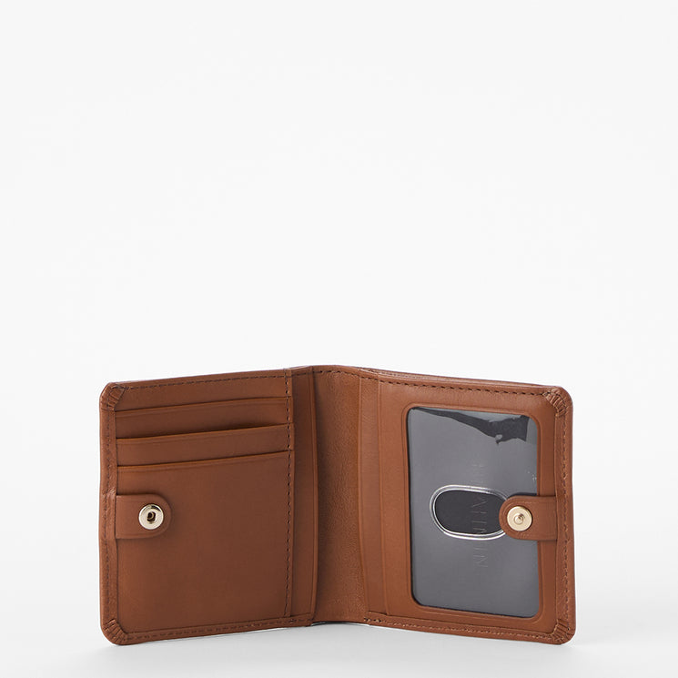 A brown leather bi-fold wallet shown open, featuring card slots on the left, a clear ID window with a dark insert on the right, and two small gold-tone snap buttons.