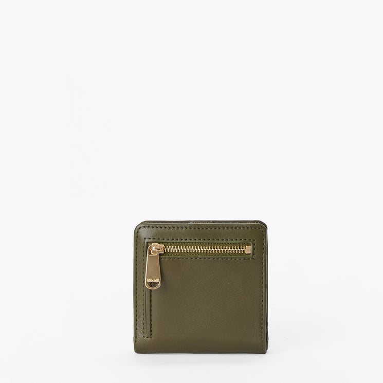 An olive green leather zip-around wallet with gold-tone hardware, shown against a plain white background.