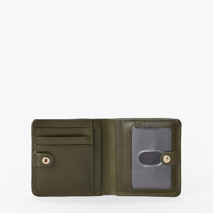An olive green leather bifold wallet shown open, featuring card slots on the left and a clear ID window with a snap strap on the right.