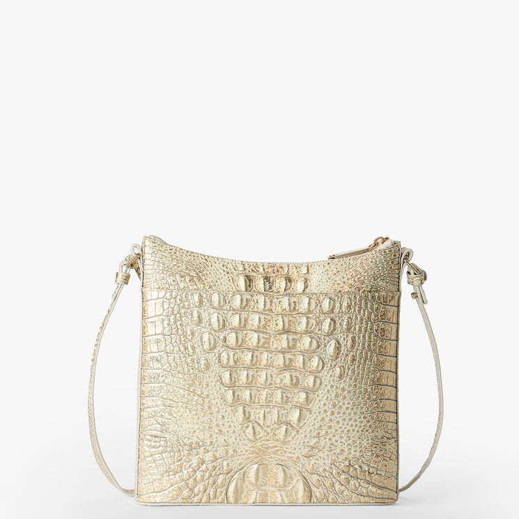 Brahmin gold textured crossbody bag, front view, with an embossed crocodile-inspired pattern. Features a thin adjustable strap, zip top closure, and structured silhouette against a plain white background.