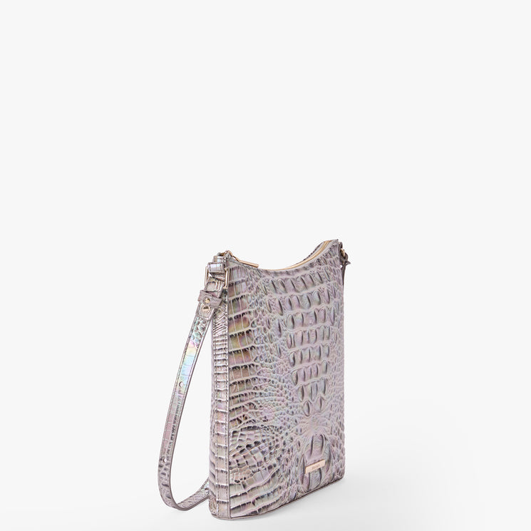 Brahmin iridescent crossbody bag with embossed, crocodile-inspired texture, adjustable strap, gold-tone hardware, and structured silhouette shown upright on a white background.