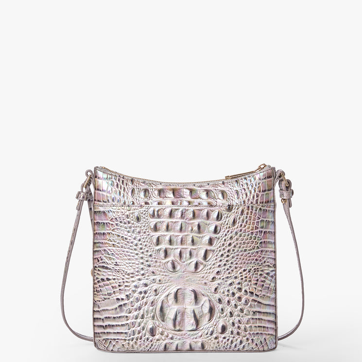 Brahmin square crossbody bag in shiny iridescent finish with embossed texture, thin adjustable strap, top zip closure, and subtle hardware. Silhouette shown against a plain white background.