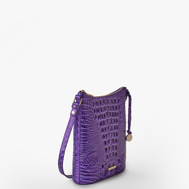 Brahmin purple crossbody bag with crocodile-embossed texture, gold hardware, and slim shoulder strap. The structured silhouette stands upright against a plain white background; front view shown.