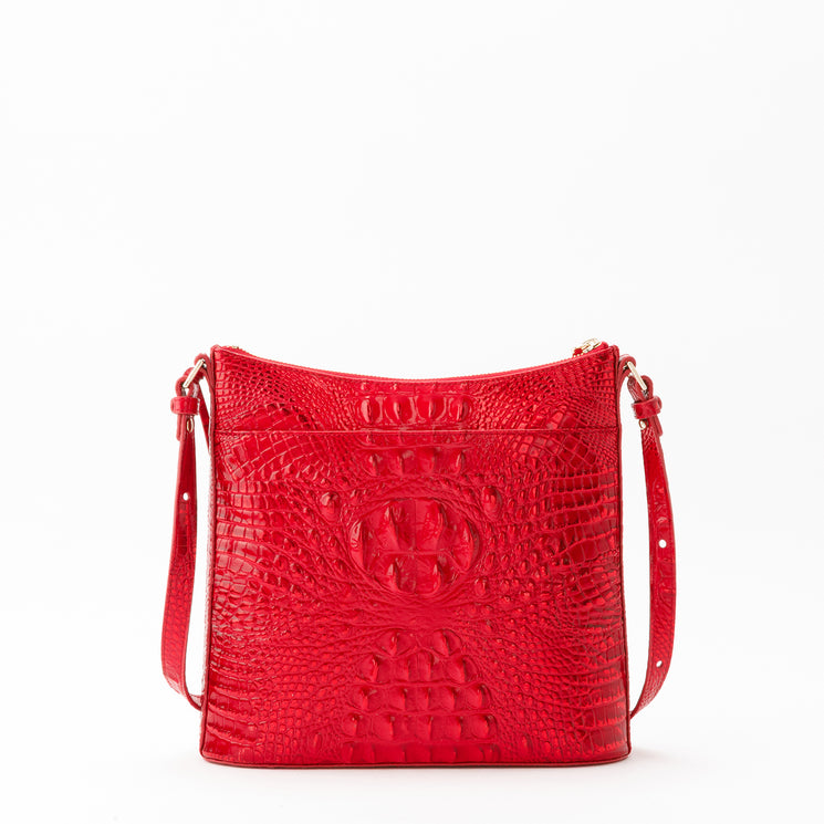 Brahmin Katie crossbody bag in bright red Tinsel Red Melbourne with a textured, embossed finish, gold-tone hardware, and an adjustable shoulder strap.