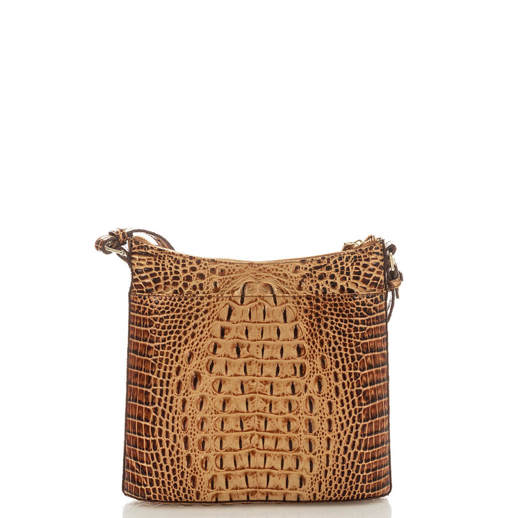 Brahmin tan and brown crossbody bag with crocodile-embossed texture, gold-tone zipper closure, adjustable strap, and structured silhouette, shown against a white background.