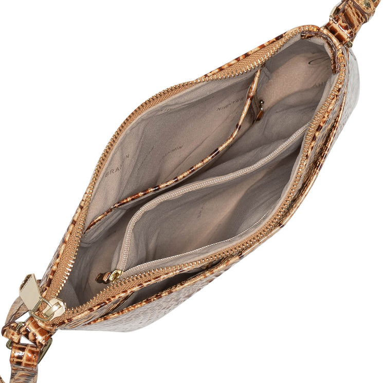 Brahmin tan textured handbag with gold zipper, shown open. Features light beige interior with multiple compartments, zip pocket, and slip pockets. Structured silhouette; top-handle style.