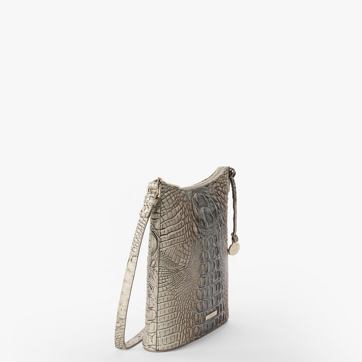 Silver crocodile-patterned Katie handbag on a white background. Side view.