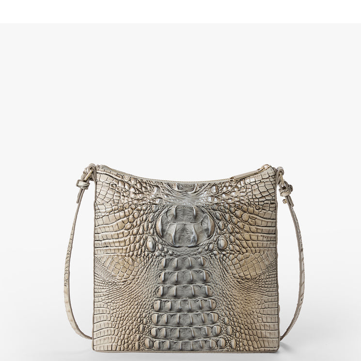 Silver crocodile-patterned Katie handbag on a white background. Back view.