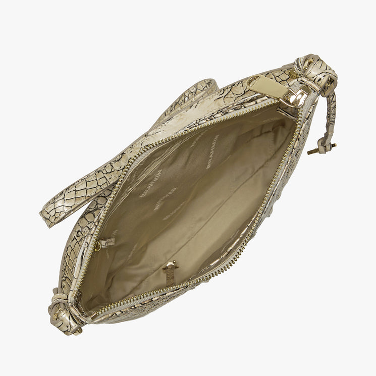 Silver crocodile-patterned Katie handbag on a white background. Open top view.