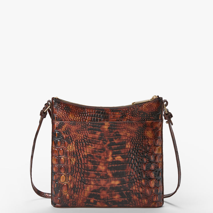 A brown crocodile-embossed leather shoulder bag with a top zipper and a matching shoulder strap, shown against a plain white background.
