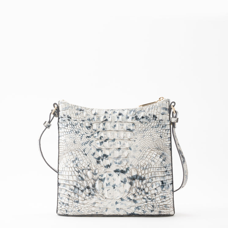 Brahmin Katie square crossbody bag in white and grey with a textured, embossed finish, featuring a top zipper and a slim, adjustable shoulder strap.