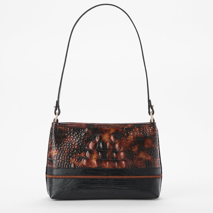 A shoulder handbag featuring a textured crocodile skin pattern in brown and black, with a solid black lower panel and a thin brown stripe, complete with a black shoulder strap, set against a plain white background.