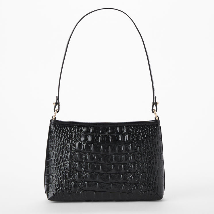 Brahmin handbag with leopard print and black and red leather accents on a white background. Lorelei back view.