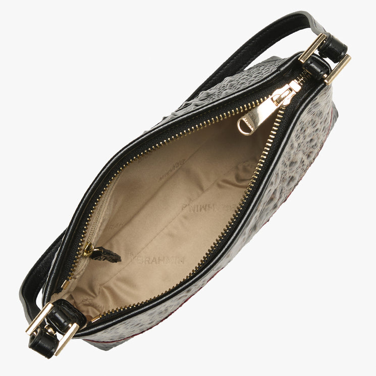Brahmin handbag with leopard print and black and red leather accents on a white background. Lorelei open top view.