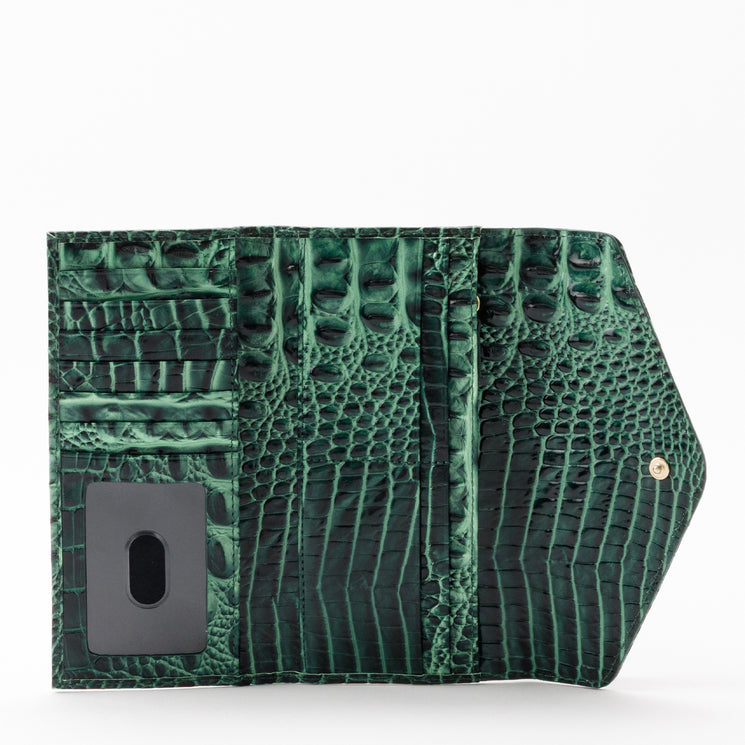 Open green croc-embossed Brahmin Veronica wallet interior featuring multiple card slots and an ID window.