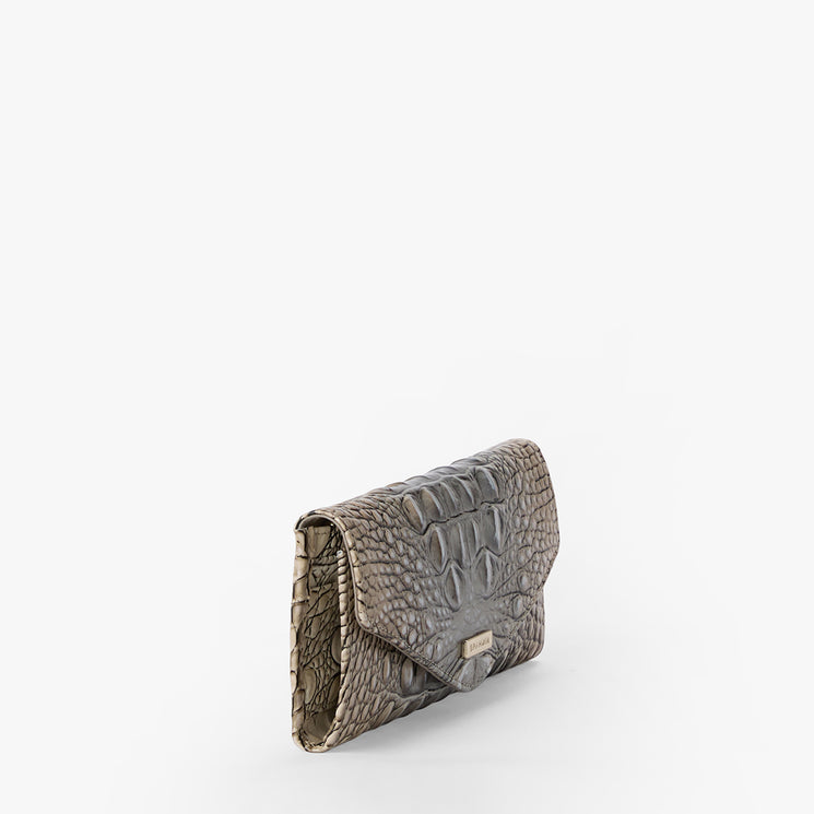 Silver crocodile texture Veronica wallet on a white background. Side view.