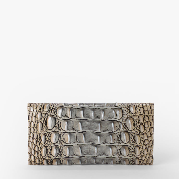 Silver crocodile texture Veronica wallet on a white background. Back view.