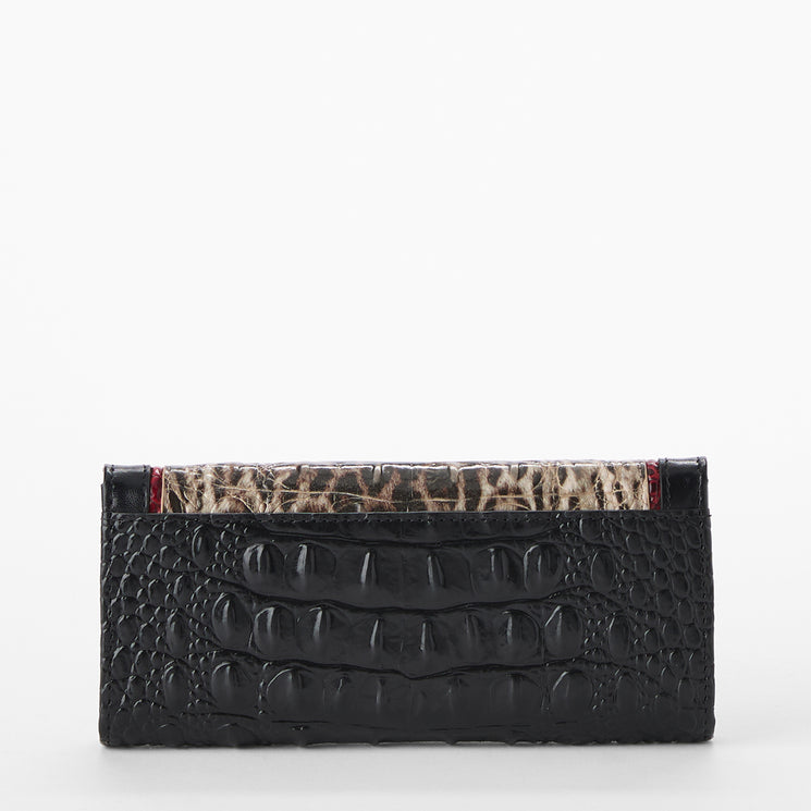 Brahmin wallet with leopard print and black and red leather accents on a white background. Veronica back view.