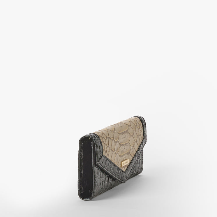 Black and beige wallet with crocodile texture on a white background. Veronica side view.