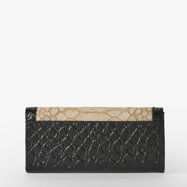 Black and beige wallet with crocodile texture on a white background. Veronica back view.