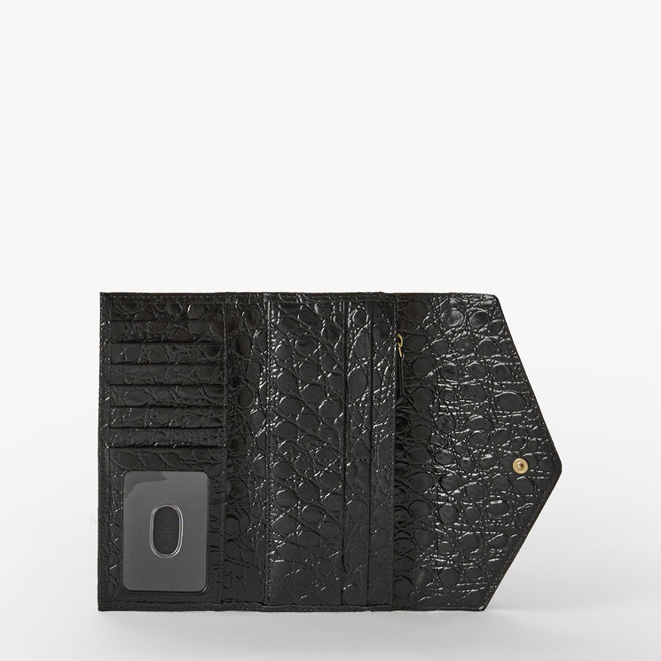 Black and beige wallet with crocodile texture on a white background. Veronica open view.