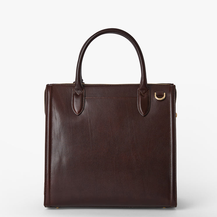 Brahmin dark brown structured handbag with two top handles, gold hardware, and smooth finish. Rectangular silhouette shown upright on white background; no visible straps or interior details.